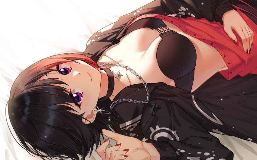 1girl bandeau bang_dream! bed_sheet black_bra black_choker black_hair black_jacket blush bra breasts chains choker cleavage closed_mouth collarbone comic earrings glint hand_on_own_stomach hand_up highres hoop_earrings jacket jewelry long_sleeves looking_at_viewer lying medium_breasts mitake_ran multicolored_hair nail_polish necklace on_back open_clothes open_jacket pendant red_nails redhead short_hair smile solo strapless strapless_bra streaked_hair underwear upper_body violet_eyes zhanzheng_zi