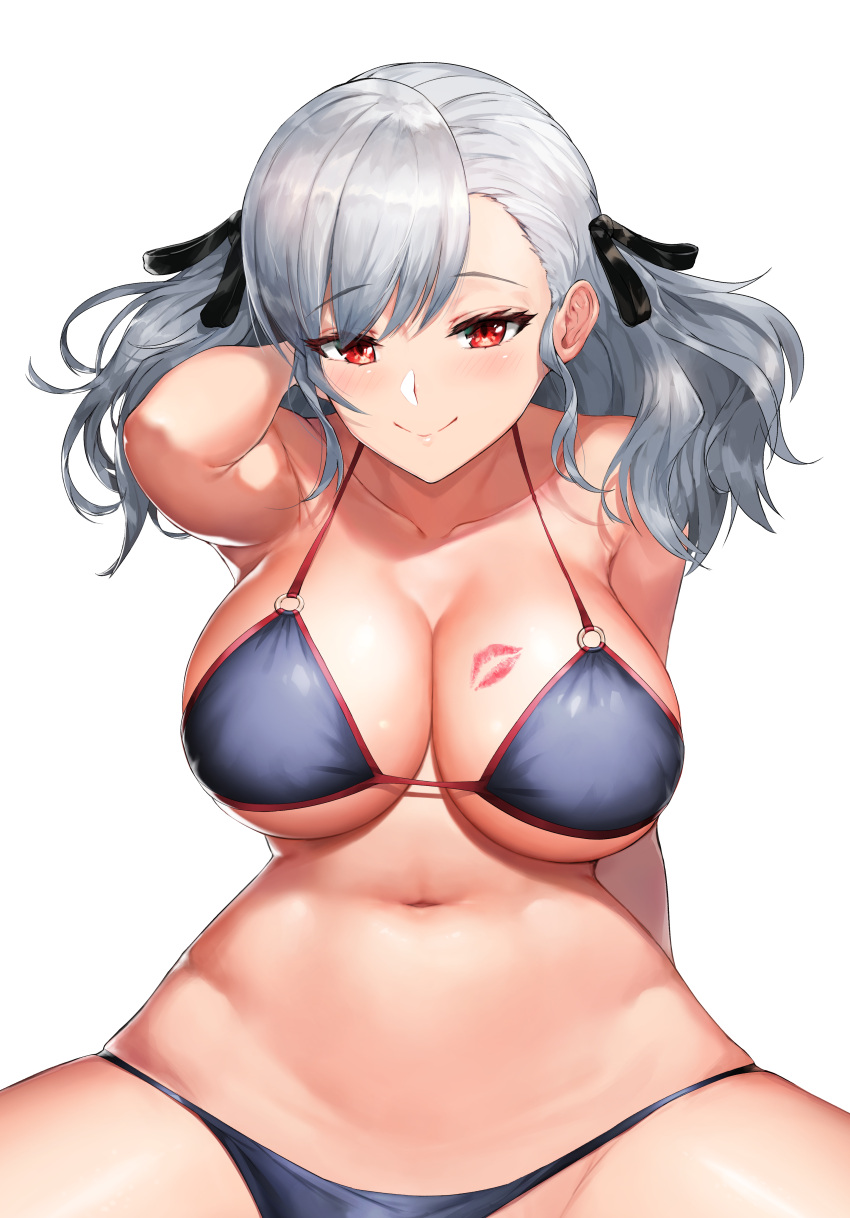 1girl absurdres alternate_costume arm_behind_back bangs bare_shoulders bikini black_ribbon blue_bikini blush breasts cleavage collarbone eyebrows_visible_through_hair girls_frontline greem_bang hair_ribbon hand_behind_head highres huge_filesize large_breasts lipstick_mark long_hair looking_at_viewer navel o-ring red_eyes ribbon sidelocks silver_hair simple_background sitting skindentation smile solo spas-12_(girls_frontline) spread_legs stomach swimsuit twintails white_hair