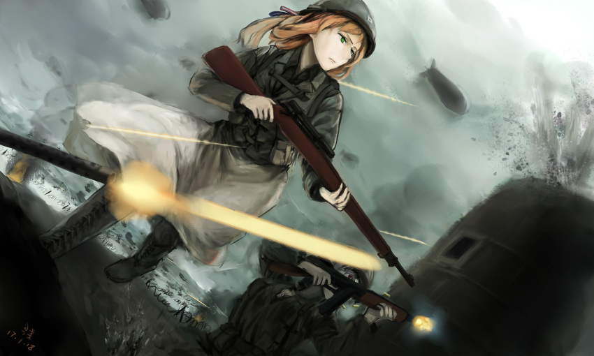 2girls aircraft artillery beach blimp d-day dirigible explosion girls_frontline goocn gun helmet highres m1903_springfield m1903_springfield_(girls_frontline) military military_uniform multiple_girls skirt submachine_gun thompson_submachine_gun uniform weapon world_war_ii