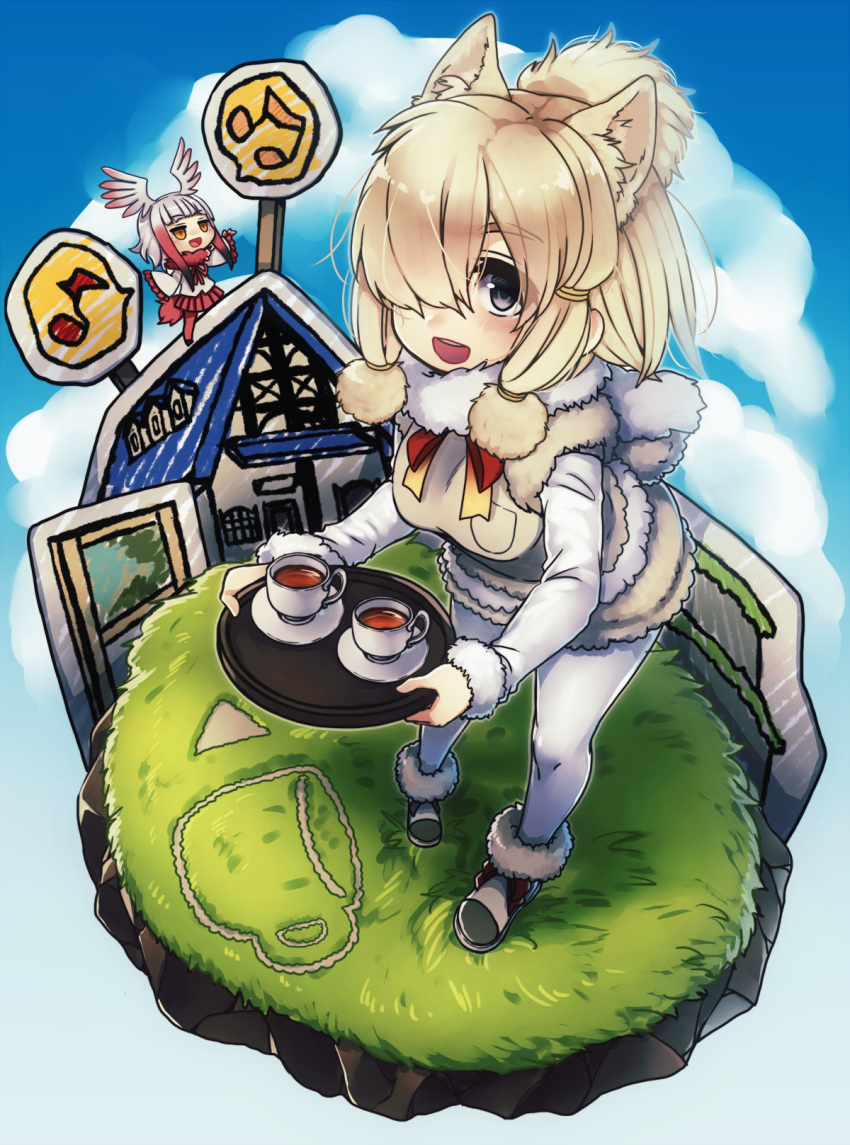 2girls alpaca_ears alpaca_suri_(kemono_friends) animal_ear_fluff animal_ears beamed_eighth_notes bird_tail bird_wings blonde_hair blue_sky breast_pocket breasts clouds cup eighth_note extra_ears eyebrows_visible_through_hair eyes_visible_through_hair frilled_sleeves frills fur-trimmed_sleeves fur_collar fur_trim gradient_hair grass grey_eyes hair_between_eyes hair_over_one_eye head_wings highres japanese_crested_ibis_(kemono_friends) kemono_friends legs_apart long_sleeves medium_breasts multicolored_hair multiple_girls musical_note orange_eyes pantyhose pleated_skirt pocket red_legwear red_ribbon red_skirt redhead ribbon saucer shirt skirt sky speech_bubble spoken_musical_note standing tail tea teacup teeth two-tone_hair white_hair white_legwear white_shirt wide_sleeves wings xxhachi_coxx