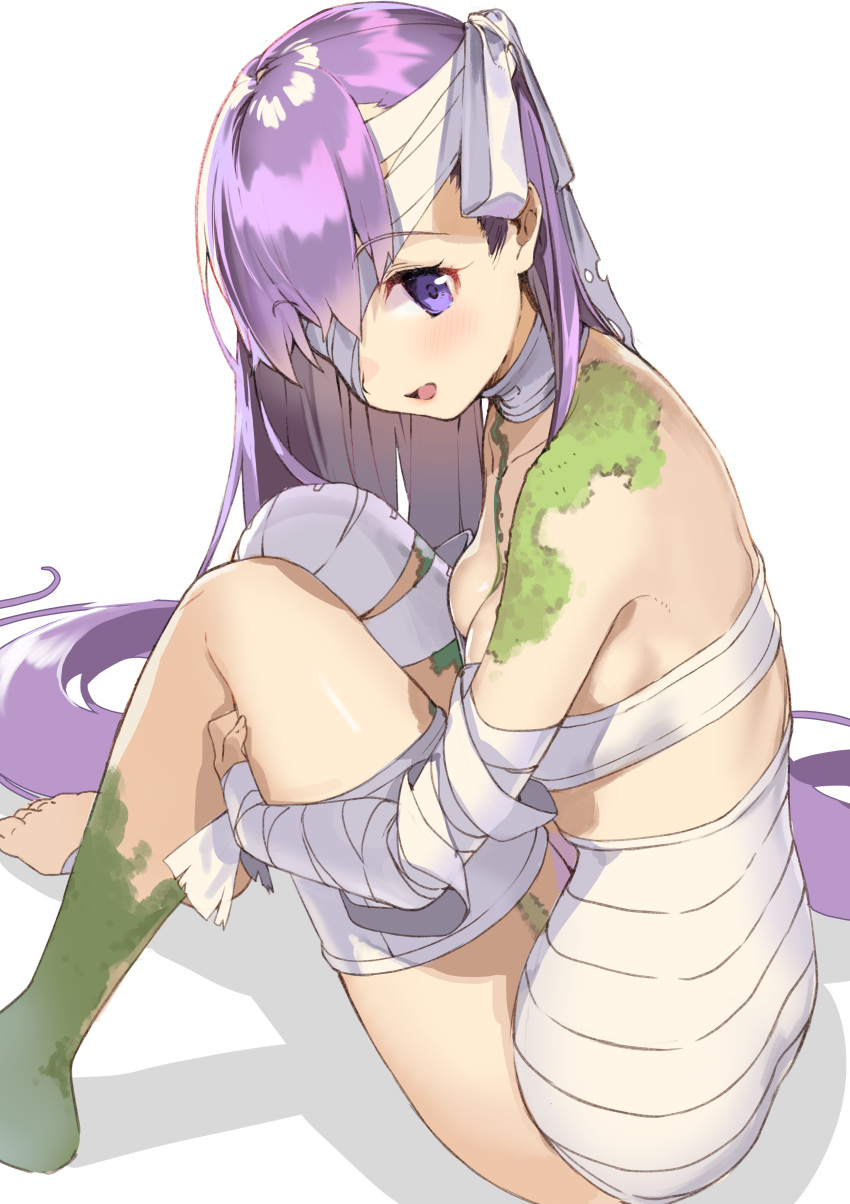 1girl :d absurdres bandage bandage_over_one_eye bow breasts choker cleavage fate/grand_order fate_(series) full_body hair_bow highres kanzarin_(hoochikiss) kingprotea long_hair looking_at_viewer medium_breasts moss open_mouth purple_hair shadow simple_background sitting smile solo violet_eyes white_background white_bow white_neckwear
