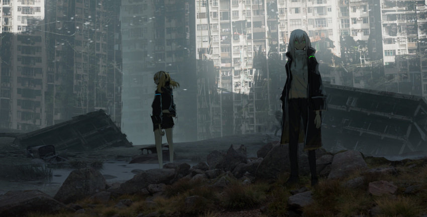2girls absurdres asuteroid building cornea_(asuteroid) from_behind green_eyes highres iz_(asuteroid) jacket long_hair looking_to_the_side multiple_girls neon_trim original outdoors rock ruins scenery standing twintails very_long_hair white_hair