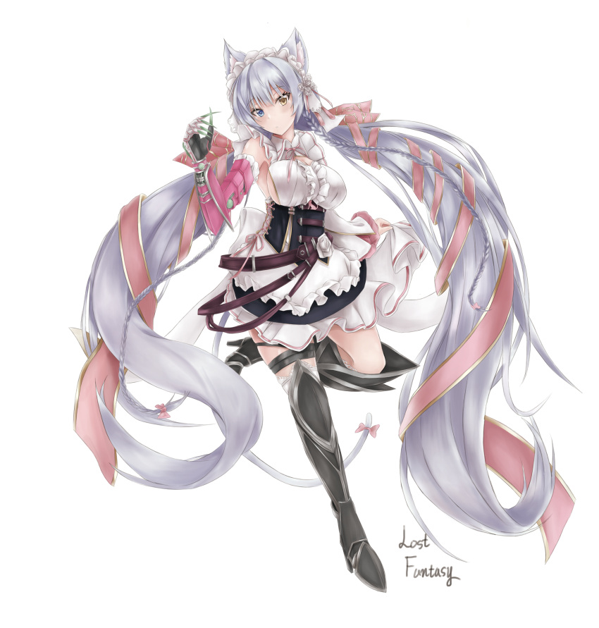 1girl animal_ears apron armored_boots bangs black_dress black_footwear blue_eyes blush boots breasts cat_ears cat_girl cat_tail closed_mouth dress eyebrows_visible_through_hair frilled_apron frills hand_up heterochromia highres hyunilkim large_breasts last_origin long_hair looking_at_viewer maid perrault_(last_origin) silver_hair simple_background solo tail thigh-highs thigh_boots very_long_hair white_apron white_background white_headwear yellow_eyes