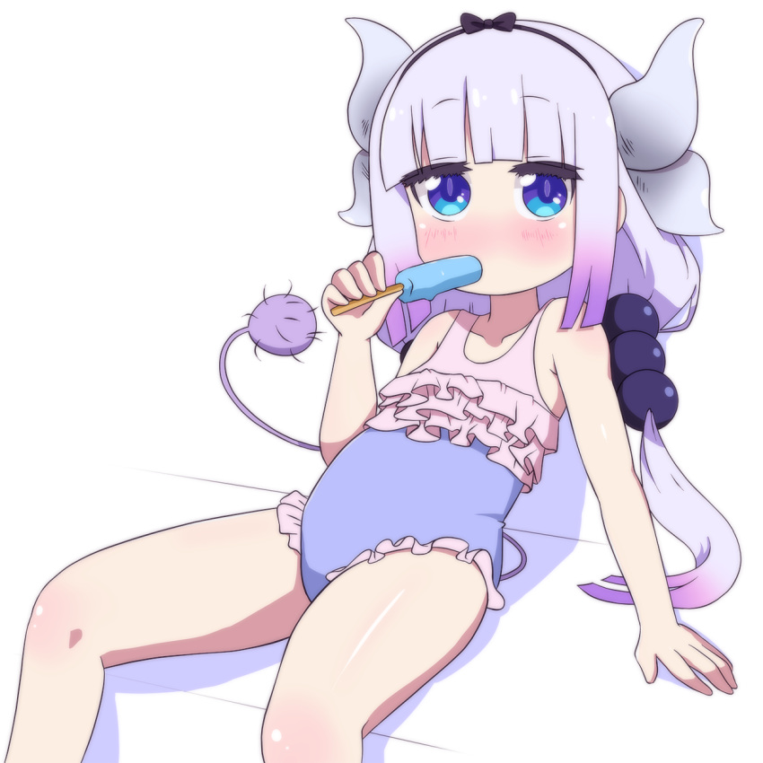 1girl beads black_hairband blue_eyes casual_one-piece_swimsuit child dragon_girl dragon_horns dragon_tail food hair_beads hair_ornament hairband highres horns kanna_kamui kobayashi-san_chi_no_maidragon lavender_hair looking_at_viewer one-piece_swimsuit pink_hair popsicle showers-u sitting solo swimsuit tail two-tone_swimsuit