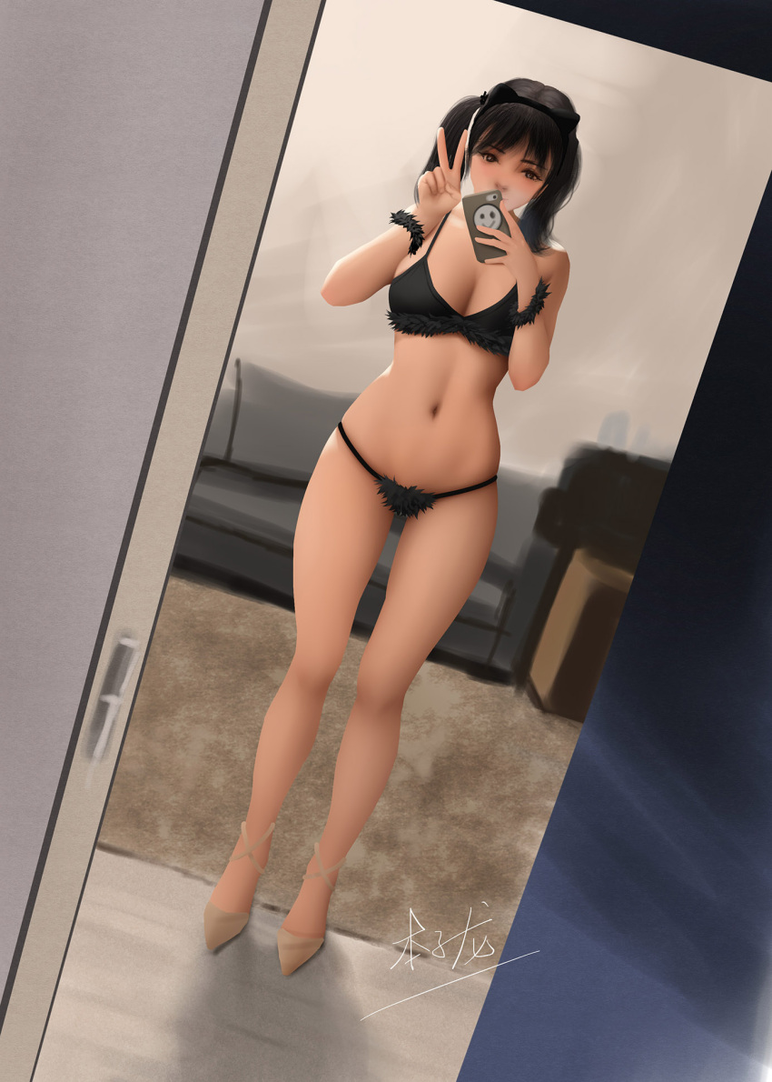 1girl animal_ears bangs bikini black_bikini black_hair breasts brown_eyes cat_ears cellphone cleavage couch dutch_angle fake_animal_ears fur_trim high_heels highres holding holding_phone indoors medium_breasts medium_hair mirror navel original phone reflection self_shot signature smartphone smile solo standing swimsuit taking_picture twintails v zyl
