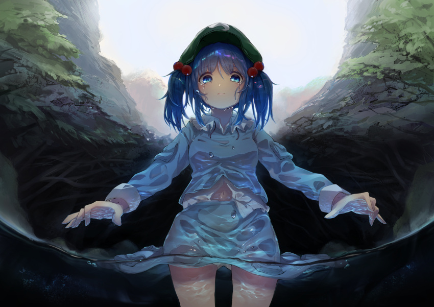 1girl arms_up blue_eyes blue_hair blue_shirt blue_skirt blurry botsumoto breasts commentary_request cowboy_shot crying crying_with_eyes_open day depth_of_field forest from_below green_hat hair_bobbles hair_ornament hat highres kawashiro_nitori light_frown long_sleeves looking_at_viewer looking_down nature navel outdoors panties pantyshot pantyshot_(standing) shirt shirt_under_shirt short_hair skirt small_breasts solo standing tears touhou twintails underwear wading water_drop wet wet_clothes