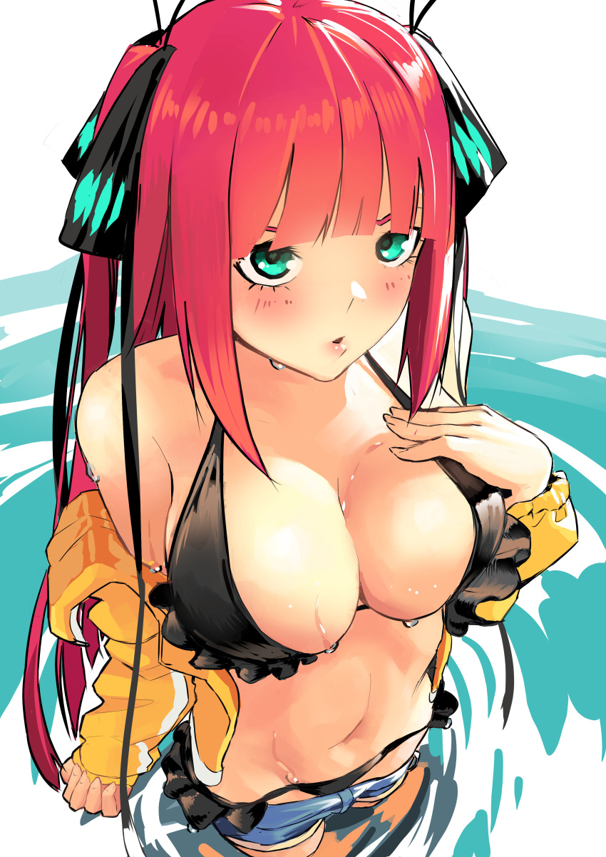 1girl absurdres aqua_eyes asiamaster bangs bare_shoulders bikini black_bikini blunt_bangs blush breasts cleavage commentary_request denim denim_shorts frilled_bikini frills go-toubun_no_hanayome hair_ornament hair_ribbon halterneck highres large_breasts long_hair looking_at_viewer nakano_nino navel open_mouth partially_submerged redhead ribbon short_shorts shorts solo swimsuit water water_drop wet