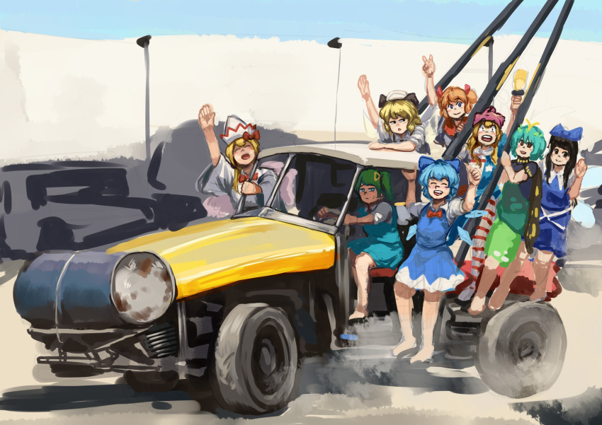 6+girls :d absurdres american_flag_dress antennae aqua_hair barefoot black_dress black_hair blonde_hair blue_bow blue_dress blue_eyes blue_sky blush_stickers bow bowtie brown_eyes butterfly_wings car chanta_(ayatakaoisii) cirno closed_mouth clownpiece collared_shirt commentary commentary_request daiyousei day dress driving dust eternity_larva fairy_wings gachimuchi green_dress green_hair ground_vehicle hair_bow hair_ornament hand_up hat hat_bow highres ice ice_wings leaf leaf_on_head lily_white long_hair looking_at_viewer luna_child motor_vehicle multicolored multicolored_clothes multicolored_dress multiple_girls one_side_up open_mouth orange_hair outdoors parody red_bow red_neckwear revision sanpaku shirt short_sleeves sitting sketch sky smile standing star_sapphire sunny_milk sweatdrop touhou twintails v white_dress white_footwear white_hat white_shirt wide-eyed wings