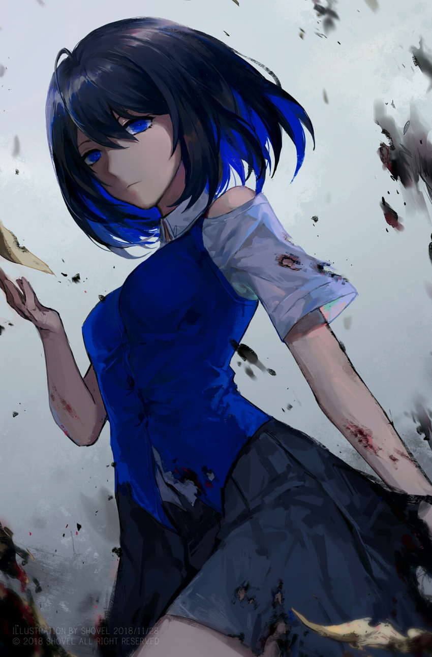 1girl artist_name bangs black_hair blood blue_eyes blue_hair blue_vest breasts closed_mouth deep_wound expressionless grey_shirt hair_between_eyes hand_up highres honkai_(series) injury long_hair medium_breasts multicolored_hair seele_vollerei shirt short_hair skirt smoke solo standing torn_clothes torn_skirt vest white_shirt wyc_zz
