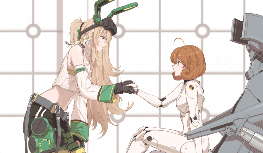 2girls ahoge android animal_ears black_gloves blonde_hair breasts cameron_maccloud commentary company_connection crossover curly_hair dishwasher1910 english_commentary fingerless_gloves freckles gen_lock gloves green_eyes hand_on_own_knee handshake long_hair medium_breasts multiple_girls orange_hair penny_polendina ponytail rabbit_ears robot robot_ears robot_joints rwby short_hair smile tagme thigh-highs
