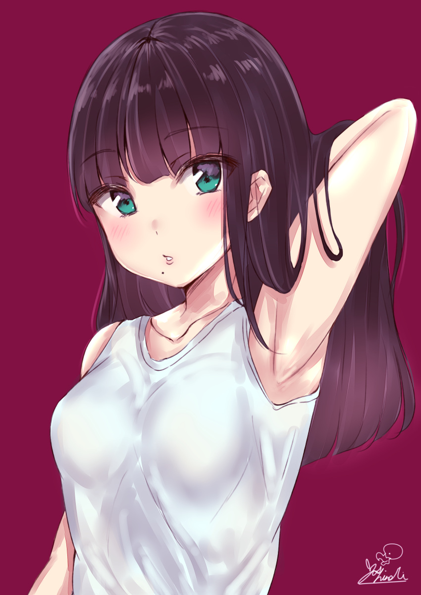 1girl absurdres aqua_eyes arm_behind_back arm_up armpits bangs bare_arms bare_shoulders blush breasts collarbone commentary_request eyebrows_visible_through_hair hand_in_hair highres kaya_(yoshina9) kurosawa_dia long_hair looking_at_viewer love_live! love_live!_sunshine!! medium_breasts mole mole_under_mouth parted_lips purple_background purple_hair signature simple_background solo tank_top upper_body
