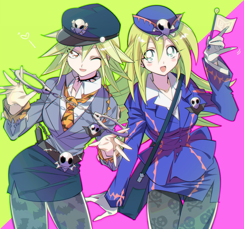 2girls bag beat_cop_from_the_underworld beat_cop_from_the_underworld_(cosplay) blonde_hair breasts cosplay dark_magician_girl duel_monster flag gagaga_girl gloves green_eyes long_hair misaka_(missa) multiple_girls necktie one_eye_closed orange_eyes pantyhose shoulder_bag skirt tour_guide_from_the_underworld tour_guide_from_the_underworld_(cosplay) yu-gi-oh!