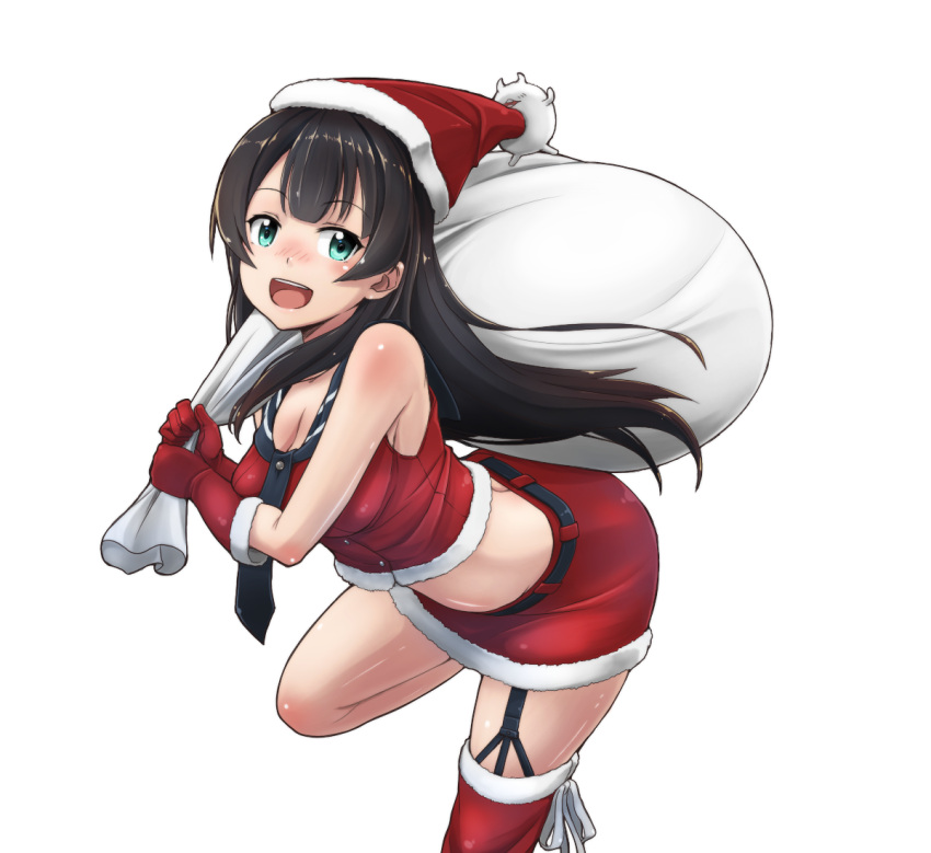 1girl adapted_costume agano_(kantai_collection) black_hair black_sailor_collar commentary_request enemy_lifebuoy_(kantai_collection) fur-trimmed_gloves fur-trimmed_skirt fur_trim garter_straps gloves green_eyes hat kantai_collection long_hair midriff open_mouth red_gloves red_legwear red_skirt round_teeth sack sailor_collar santa_costume santa_hat simple_background skirt solo teeth tr-6 upper_teeth white_background