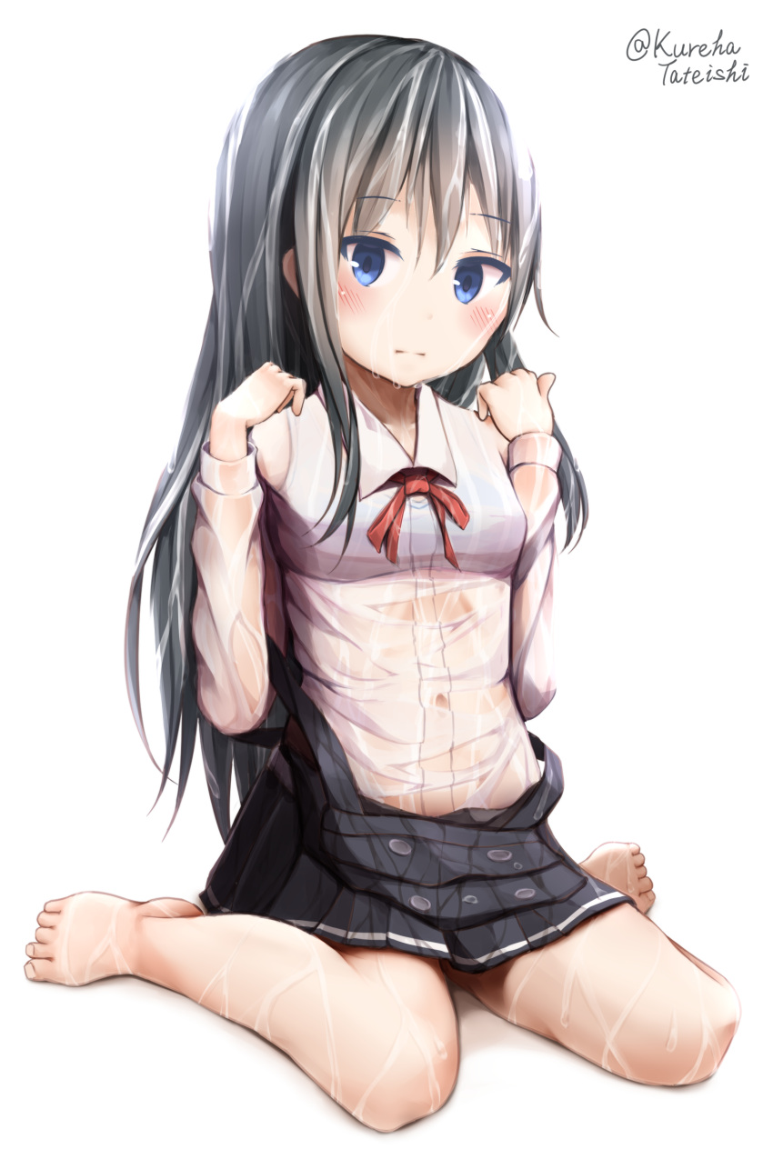 1girl absurdres asashio_(kantai_collection) bangs barefoot black_dress black_hair blue_bra blue_eyes blush bra bra_through_clothes breasts closed_mouth collarbone collared_shirt commentary_request dress dress_pull dress_shirt eyebrows_visible_through_hair hair_between_eyes hamayuu_(litore) hands_up head_tilt highres kantai_collection long_hair long_sleeves looking_at_viewer neck_ribbon pinafore_dress red_ribbon remodel_(kantai_collection) ribbon see-through shadow shirt sitting small_breasts solo twitter_username underwear very_long_hair wariza white_background white_shirt