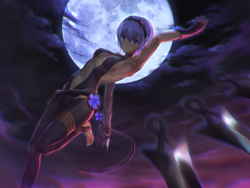 1girl arm_up armpits bare_shoulders barefoot belt belt_pouch between_fingers black_bodysuit black_eyes black_gloves black_hairband blurry blurry_foreground bodysuit breasts center_opening clouds depth_of_field fate/grand_order fate_(series) fingerless_gloves full_moon gloves hairband hassan_of_serenity_(fate) holding holding_weapon kunai leg_up looking_at_viewer medium_breasts midair moon navel night outdoors parted_lips pouch purple_hair short_hair shouhei solo standing stirrup_legwear throwing toeless_legwear violet_eyes weapon