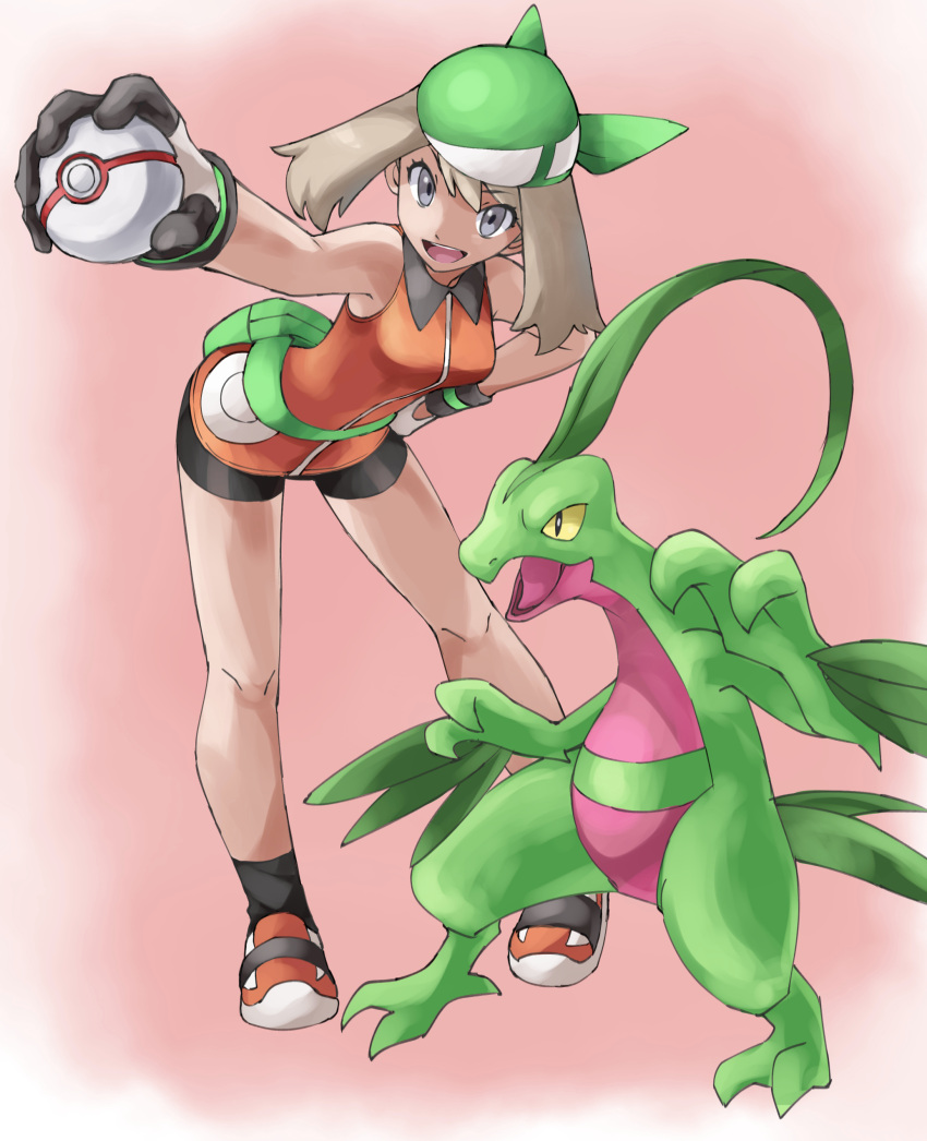 1girl :d absurdres bandanna bangs bare_shoulders bent_over bike_shorts breasts collared_dress creatures_(company) dress eyebrows_visible_through_hair fanny_pack full_body game_freak gen_3_pokemon gloves grey_eyes grovyle hand_on_hip haruka_(pokemon) highres holding holding_poke_ball legs_apart light_brown_hair looking_at_viewer medium_breasts nintendo open_mouth orange_dress outstretched_arm pink_background poke_ball pokemon pokemon_(creature) pokemon_(game) pokemon_emerald pokemon_rse premier_ball pretty-purin720 short_dress sleeveless sleeveless_dress smile teeth