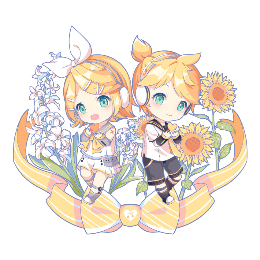 1boy 1girl absurdres bare_shoulders beamed_sixteenth_notes blonde_hair blush bow chaji_xiao_bai chibi collared_shirt detached_sleeves flower green_eyes hair_bow hair_ornament hairclip headphones heart highres holding_heart kagamine_len kagamine_rin leg_warmers musical_note neck_ribbon necktie ponytail ribbon sailor_collar shirt shorts shoulder_tattoo smile sunflower tattoo vocaloid white_background white_bow yellow_neckwear