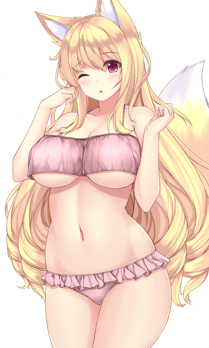 1girl ;o animal_ears bare_arms bare_shoulders bikini blonde_hair blush breasts cleavage collarbone cowboy_shot curly_hair fox_ears fox_girl fox_tail frilled_bikini frills hands_up highres large_breasts long_hair looking_at_viewer navel one_eye_closed original parted_lips pink_bikini red_eyes simple_background sogaya solo standing stomach swimsuit tail under_boob very_long_hair wavy_hair white_background