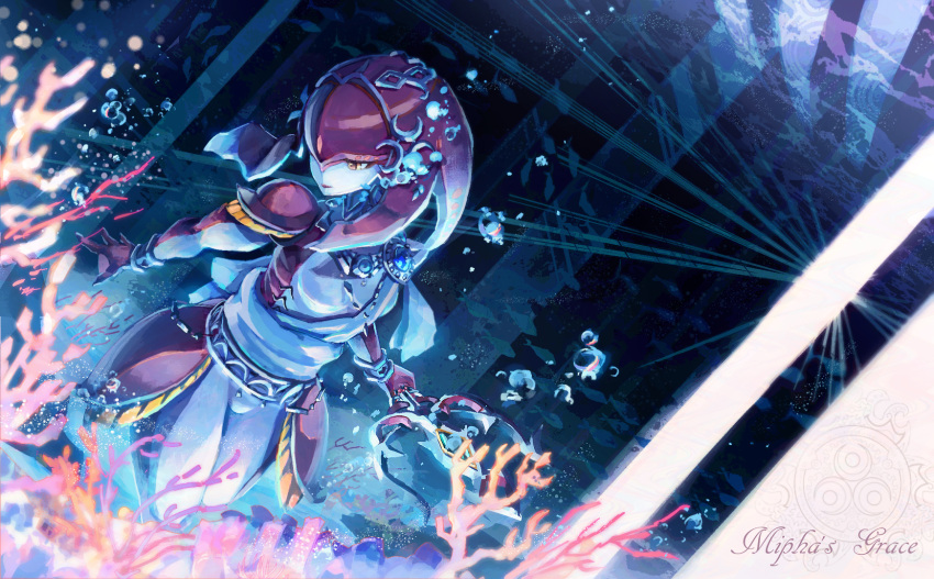 1girl bracer breasts bubble coral crescent fish_girl gills highres holding holding_weapon jewelry mipha monster_girl multicolored multicolored_skin neck_ring nintendo no_nipples orange_eyes polearm red_skin shiimo small_breasts solo the_legend_of_zelda the_legend_of_zelda:_breath_of_the_wild trident two-tone_skin underwater weapon white_skin zora