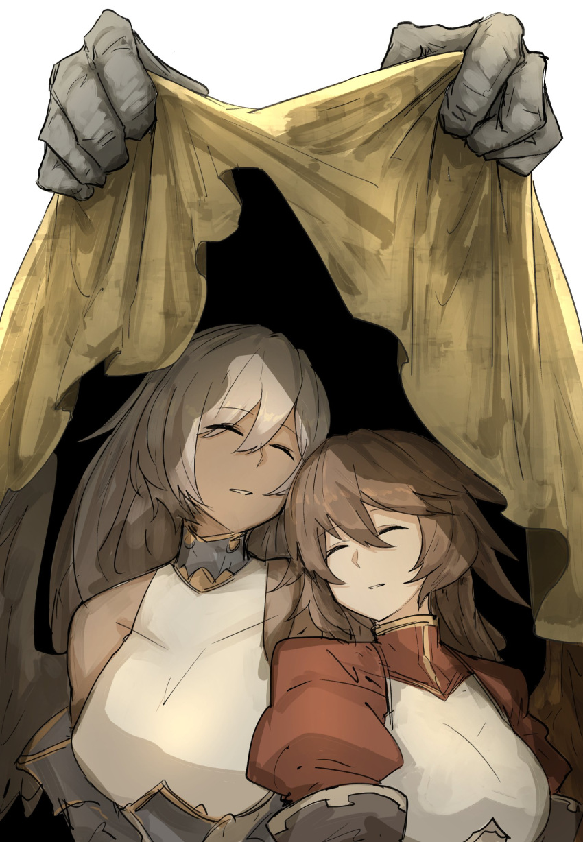 2girls absurdres angel_wings azrael_(granblue_fantasy) bare_shoulders breasts brown_hair closed_eyes dark_skin granblue_fantasy highres israfel_(granblue_fantasy) kan_(aaaaari35) long_hair medium_breasts multiple_girls puffy_sleeves sack unconscious white_background wings