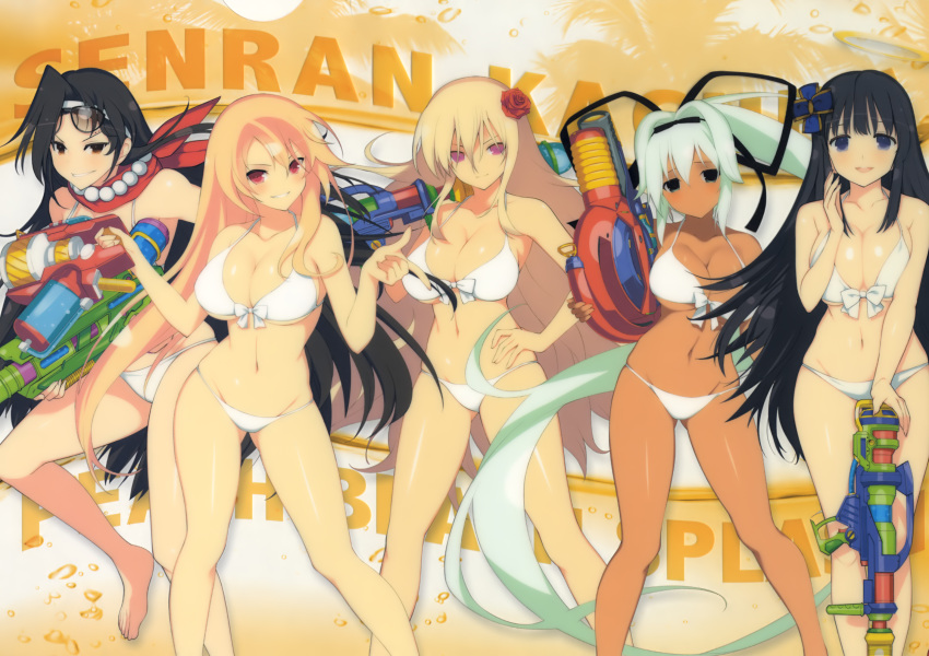 5girls :d absurdly_long_hair bikini black-framed_eyewear black_ribbon blonde_hair blue_eyes bow breasts brown_hair cleavage contrapposto copyright_name dark_skin eyewear_on_head floating_hair flower front-tie_bikini front-tie_top green_eyes green_hair grin groin gun hair_between_eyes hair_flower hair_intakes hair_ornament hair_ribbon hand_on_hip highres holding holding_gun holding_weapon index_finger_raised jewelry large_breasts long_hair looking_at_viewer multiple_girls navel necklace open_mouth pink_eyes red_eyes red_flower red_rose ribbon rose senran_kagura shiny shiny_skin smile swimsuit very_long_hair water_gun weapon white_bikini white_bow white_headband yaegashi_nan