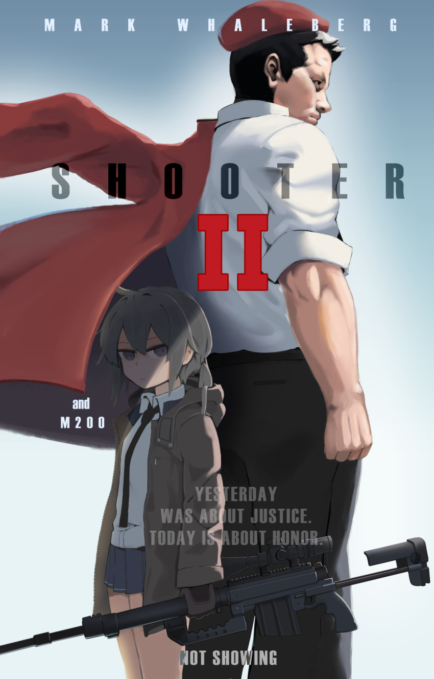 1boy 1girl back-to-back beret bolt_action cheytac_m200 commander_(girls_frontline) english_text girls_frontline grey_hair gun hat height_difference highres jacket jacket_on_shoulders kion-kun m200_(girls_frontline) mark_wahlberg necktie parody poster_(object) rifle shooter_(movie) sniper_rifle weapon
