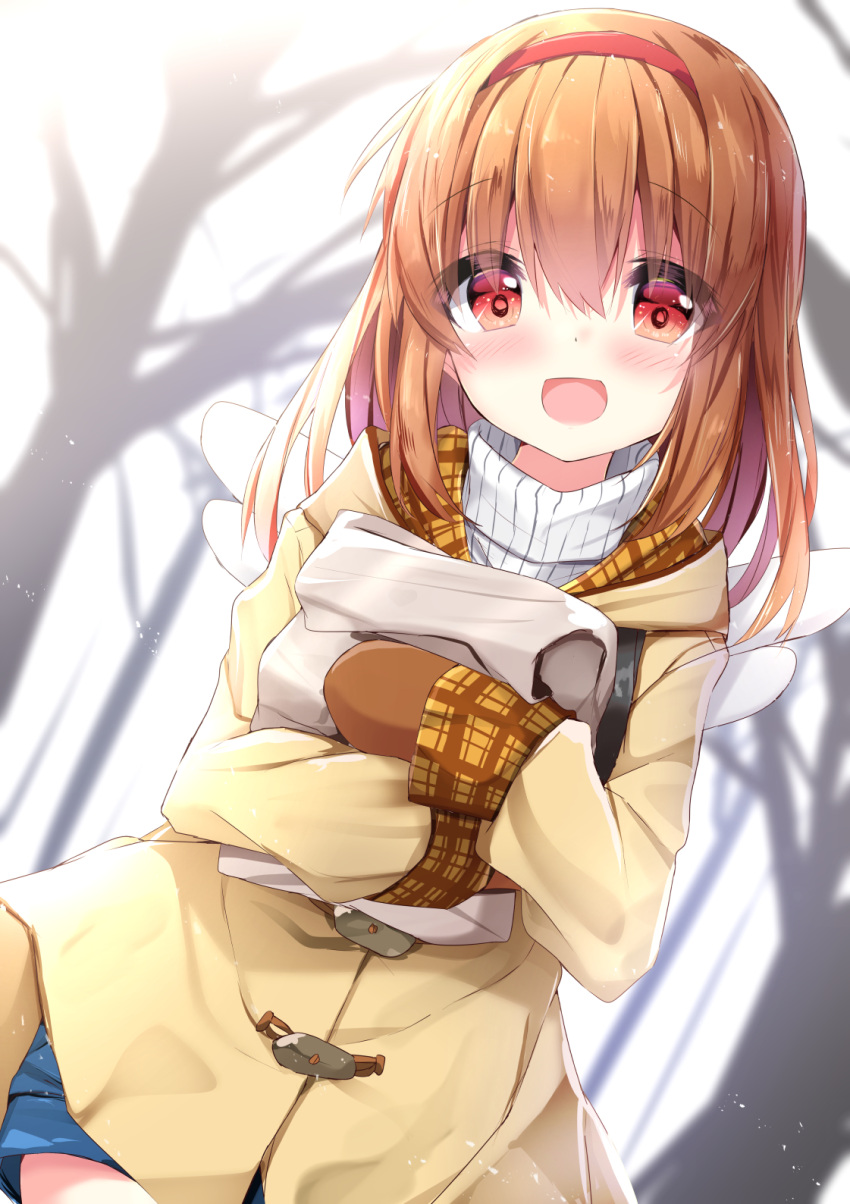 1girl :d bag bangs bare_tree blue_shorts blurry blurry_background blush brown_coat brown_hair brown_mittens coat commentary_request depth_of_field eyebrows_visible_through_hair hair_between_eyes hairband highres kanon kouda_suzu long_hair long_sleeves mittens open_mouth paper_bag red_eyes red_hairband ribbed_sweater short_shorts shorts sleeves_past_wrists smile solo sweater tree tsukimiya_ayu turtleneck turtleneck_sweater white_sweater white_wings wings