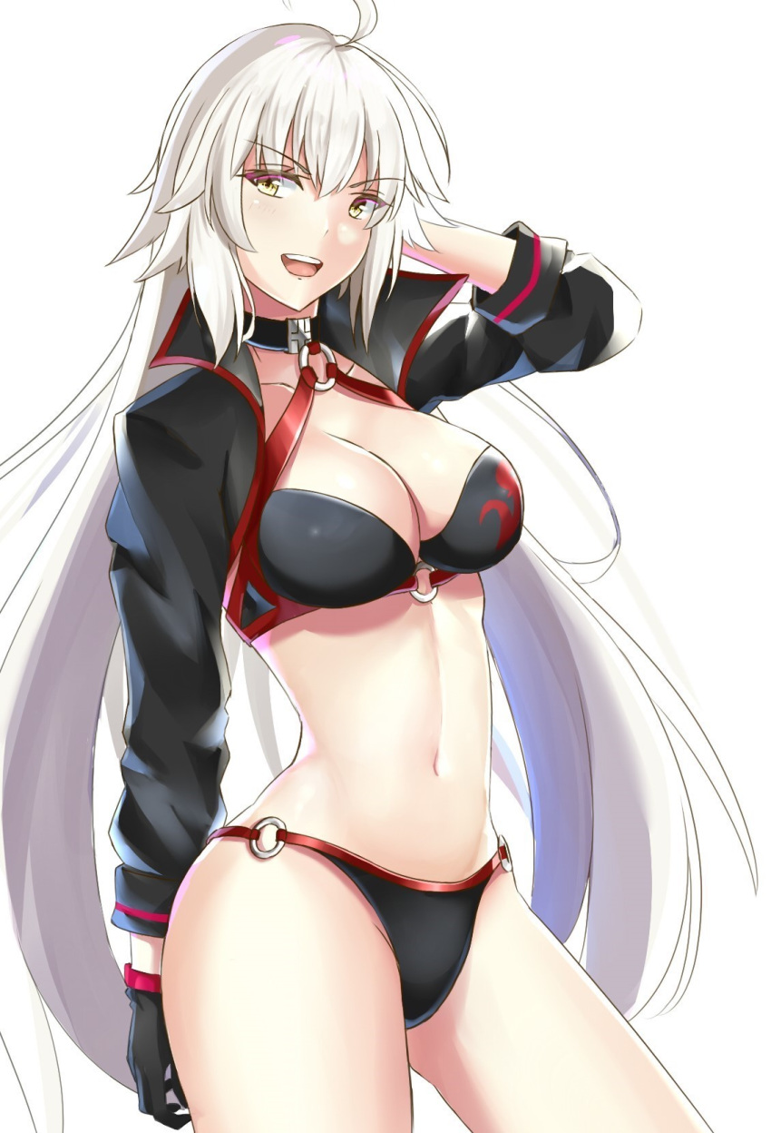 1girl ahoge arikawa_rui bangs bikini black_bikini black_jacket breasts choker cleavage commentary_request cowboy_shot day eyebrows_visible_through_hair fate/grand_order fate_(series) gloves hair_between_eyes highres jacket jeanne_d'arc_(alter_swimsuit_berserker) jeanne_d'arc_(fate)_(all) large_breasts long_hair looking_at_viewer o-ring shrug_(clothing) simple_background solo swimsuit white_background yellow_eyes