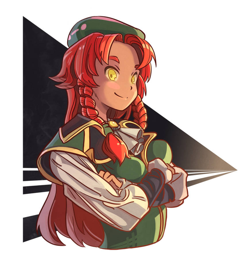 1girl absurdres beret braid breasts crossed_arms eyebrows forehead frills gem green_hat green_vest hat highres hong_meiling long_hair medium_breasts out_of_frame redhead shirt simple_background sleeves sleeves_past_elbows smile solo touhou transparent_background u-joe vest white_shirt yellow_eyes