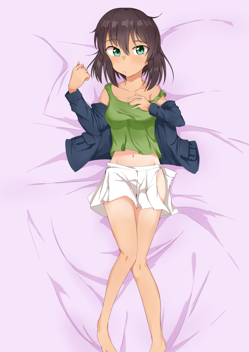 1girl absurdres antyobi0720 bangs barefoot bed_sheet blue_jacket blush brown_hair commentary_request dakimakura dark_skin eyebrows_visible_through_hair from_above frown full_body girls_und_panzer green_eyes green_shirt highres hoshino_(girls_und_panzer) jacket legs long_sleeves looking_at_viewer lying midriff military military_uniform miniskirt navel no_panties off_shoulder on_back ooarai_military_uniform open_clothes open_jacket open_skirt pleated_skirt shirt short_hair skirt solo strap_slip tank_top uniform white_skirt