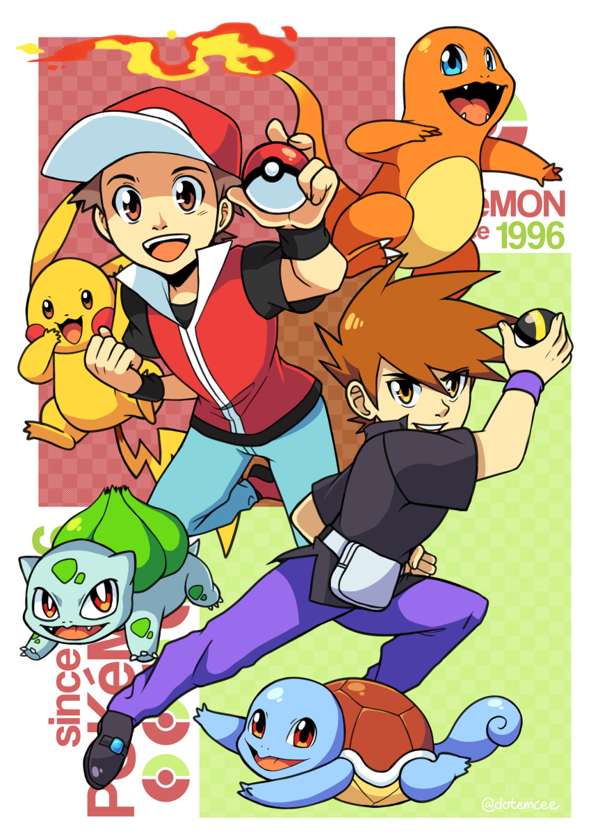 2boys absurdres ball baseball_cap belt black_footwear blue_eyes blue_pants brown_eyes brown_hair buckle checkered checkered_background creatures_(company) emcee english_text fangs fiery_tail fire flame full_body game_freak gen_1_pokemon hat highres holding holding_ball holding_poke_ball jewelry long_sleeves looking_at_viewer male_focus multiple_boys nintendo orange_eyes pants parody pendant poke_ball poke_ball_(generic) pokemon pokemon_(creature) pokemon_(game) pokemon_frlg pokemon_trainer purple_pants red_eyes shoes short_sleeves signature spiky_hair style_parody tail yellow_eyes