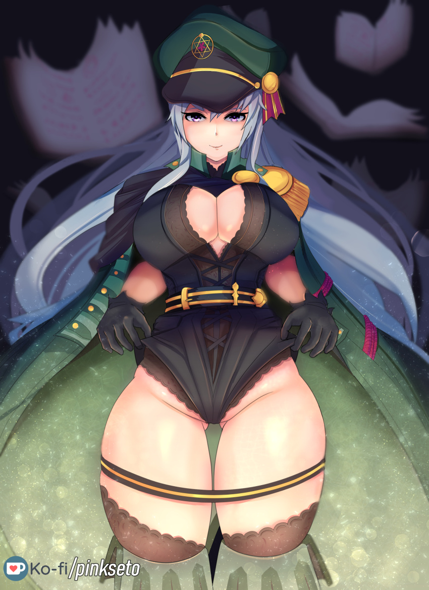 1girl absurdres ass_visible_through_thighs belt black_gloves black_legwear blurry book boots breasts cleavage cleavage_cutout coat commentary depth_of_field epaulettes fate/grand_order fate_(series) full_body gloves green_footwear green_legwear groin hat helena_blavatsky_(fate/grand_order) hexagram highres large_breasts lifted_by_self lingerie long_hair looking_at_viewer military_hat open_book peaked_cap pink_seitokaichou simple_background smile solo thigh-highs thigh_boots underwear violet_eyes watermark web_address white_background white_hair