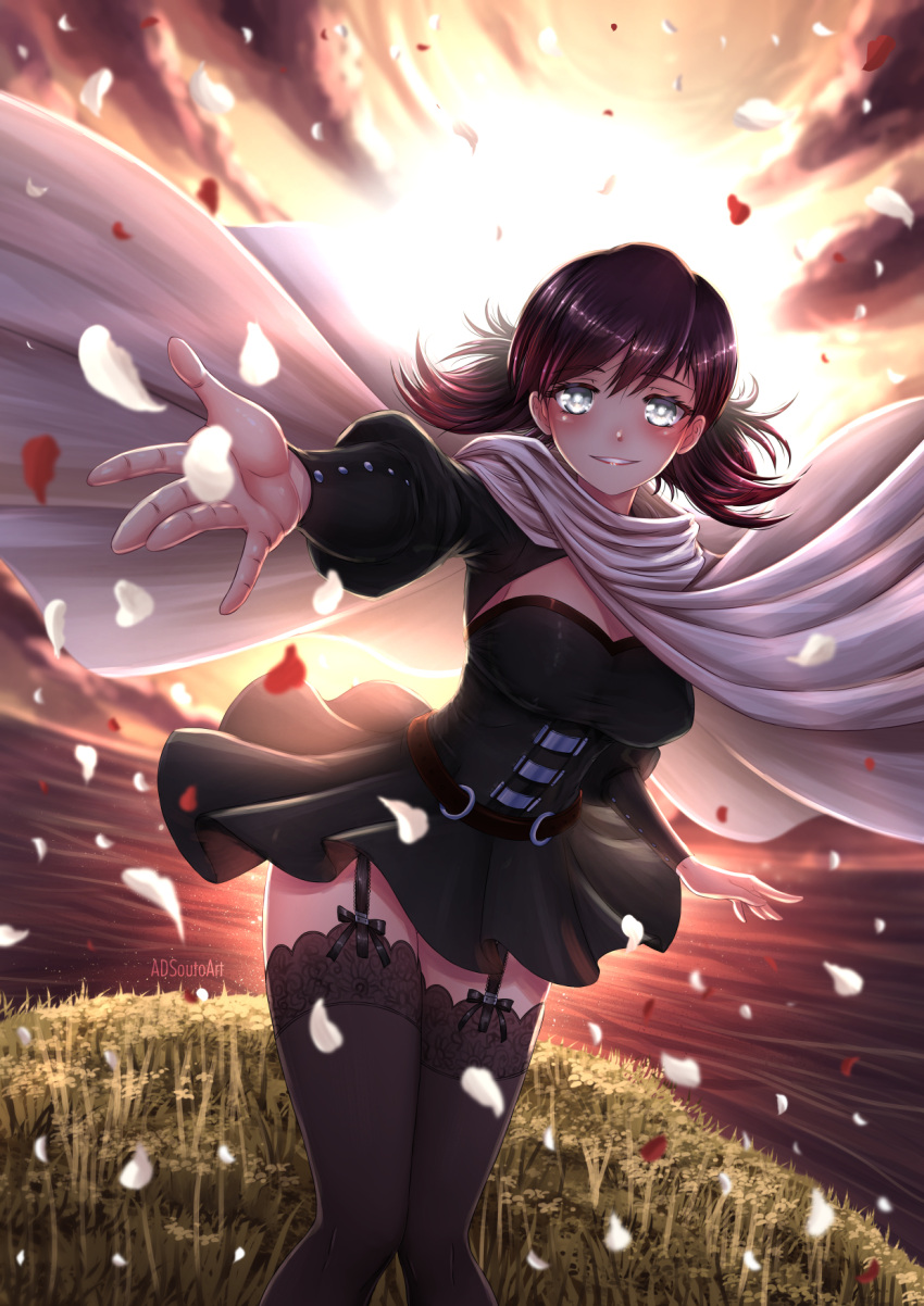 1girl adsouto black_dress black_hair black_legwear blush breasts cape cleavage cloak clouds cloudy_sky commentary dress english_commentary flower frilled_dress frills gradient_hair grey_eyes highres hood hooded_cloak legwear_under_shorts long_sleeves looking_at_viewer multicolored_hair pantyhose petals red_flower red_rose redhead rose rose_petals rwby shorts sky smile summer_rose sunset two-tone_hair white_cape white_flower white_rose
