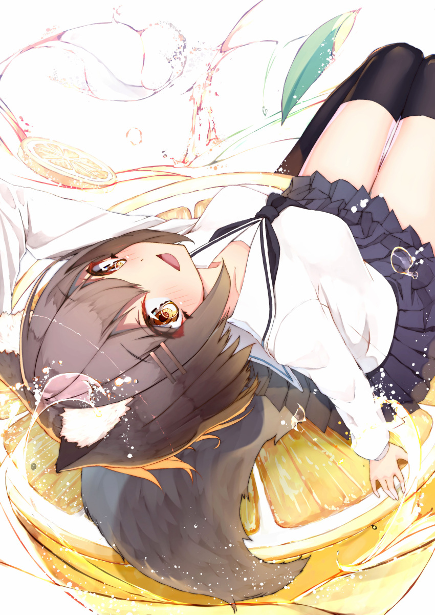 1girl :d absurdres animal_ear_fluff animal_ears arm_support arm_up bangs black_legwear black_neckwear blue_skirt blush breasts brown_eyes brown_hair collarbone commentary eyebrows_visible_through_hair hair_between_eyes hair_ornament hairclip highres leaning_back long_sleeves looking_at_viewer mayogii open_mouth original pleated_skirt sailor_collar school_uniform serafuku shirt skirt small_breasts smile solo symbol_commentary tail thigh-highs white_background white_sailor_collar white_shirt