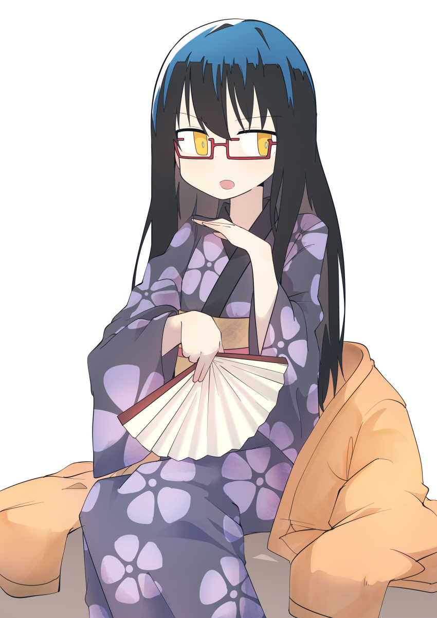 1girl absurdres bangs black_hair blush bural_chingu eyebrows_visible_through_hair fan glasses hair_between_eyes highres japanese_clothes ju_hyeon-mi kimono long_hair open_mouth paper_fan red-framed_eyewear simple_background solo white_background wweedpic yellow_eyes