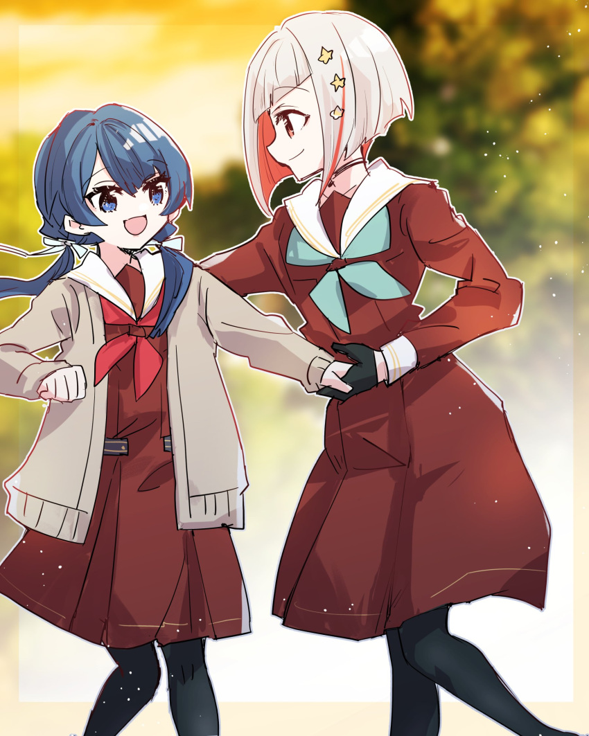 2girls :d aqua_neckerchief black_gloves black_pantyhose blue_eyes blue_hair brown_cardigan brown_dress cardigan choker colored_inner_hair commentary dollchestra dress eye_contact gloves hair_ornament hand_on_another's_back hasu_no_sora_school_uniform highres holding_hands kanduki_kamibukuro link!_like!_love_live! long_hair long_sleeves looking_at_another love_live! low_twintails multicolored_hair multiple_girls murano_sayaka neckerchief open_mouth pantyhose red_eyes red_neckerchief redhead sailor_collar school_uniform short_hair smile star_(symbol) star_hair_ornament streaked_hair twintails white_hair white_sailor_collar yugiri_tsuzuri