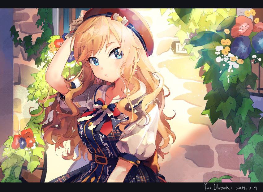 1girl absurdres arm_up bangs beret blonde_hair blue_eyes bow breasts character_name collarbone dated dress eyebrows_visible_through_hair hat highres holding holding_hat huge_filesize idolmaster idolmaster_cinderella_girls idolmaster_cinderella_girls_starlight_stage letterboxed light_rays long_hair medium_breasts ootsuki_yui outdoors plaid plaid_dress plant puffy_short_sleeves puffy_sleeves ribbon short_sleeves solo sunbeam sunlight upper_body wall wavy_hair zuho_(vega)
