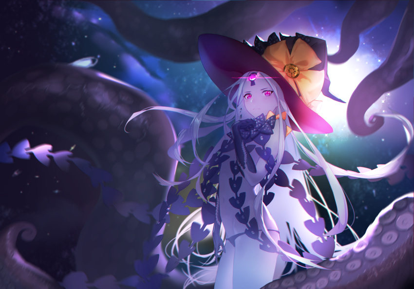 1girl abigail_williams_(fate/grand_order) absurdres backlighting bangs bare_shoulders black_bow black_hat black_panties bow breasts closed_mouth fate/grand_order fate_(series) forehead glowing glowing_eye hand_on_own_chest hat highres keyhole long_hair looking_at_viewer mifachu_(1064317697) navel orange_bow panties parted_bangs pink_eyes polka_dot polka_dot_bow solo tentacle thighs third_eye underwear white_hair white_skin witch_hat