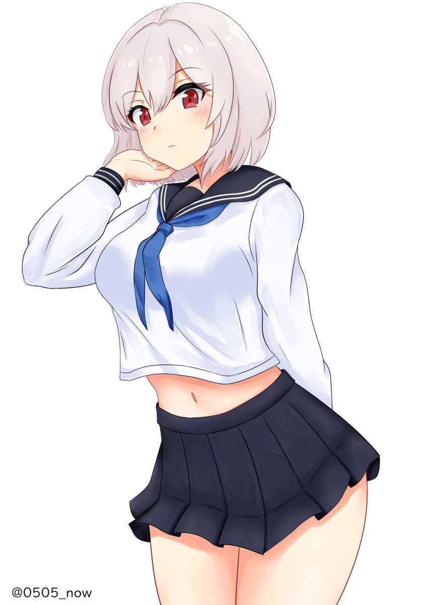 1girl arm_behind_back artist_request azur_lane bangs black_sailor_collar black_skirt blue_neckwear blush breasts closed_eyes commentary_request crop_top eyebrows_visible_through_hair eyes_visible_through_hair hair_between_eyes hand_in_hair hand_up highres large_breasts looking_at_viewer navel neckerchief pleated_skirt red_eyes sailor_collar school_uniform serafuku short_hair short_sleeves silver_hair simple_background sirius_(azur_lane) skirt solo standing thighs twitter_username white_background white_serafuku
