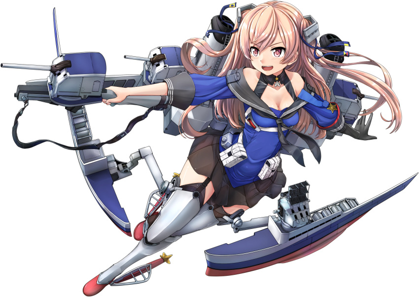 1girl adapted_turret black_gloves black_legwear black_skirt blue_shirt breasts brown_eyes cannon cleavage garter_straps gloves highres johnston_(kantai_collection) kantai_collection light_brown_hair long_hair machinery medium_breasts off-shoulder_shirt off_shoulder pleated_skirt rigging sailor_collar school_uniform shin_guards shirt single_glove skirt smokestack solo standing thigh-highs tr-6 transparent_background turret two_side_up us_medal_of_honor