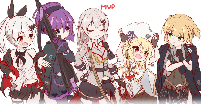 5girls absurdres carcano_m91/38_(girls_frontline) closed_eyes english_text fingerless_gloves five-seven_(girls_frontline) fur_hat girls_frontline gloves hat highres jacket_over_shoulder matsuo_(matuonoie) multiple_girls nagant_revolver_(girls_frontline) sv-98_(girls_frontline) ushanka welrod_mk2_(girls_frontline)