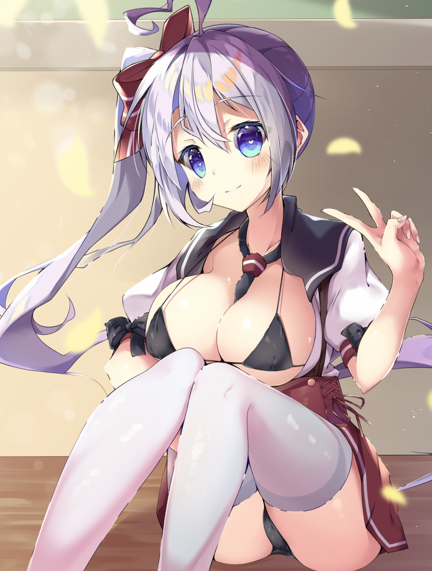 1girl ass azur_lane black_bikini_top black_neckwear black_panties black_sailor_collar blue_eyes blush breasts brown_skirt cleavage closed_mouth collarbone commentary_request hair_ribbon hand_up highres knees_together_feet_apart knees_up large_breasts light_particles long_hair looking_at_viewer maritaki miniskirt necktie open_clothes open_shirt panties portland_(azur_lane) red_ribbon ribbon sailor_collar shirt short_sleeves side_ponytail sidelocks silver_hair sitting skirt smile solo thigh-highs underbust underwear v white_legwear white_shirt