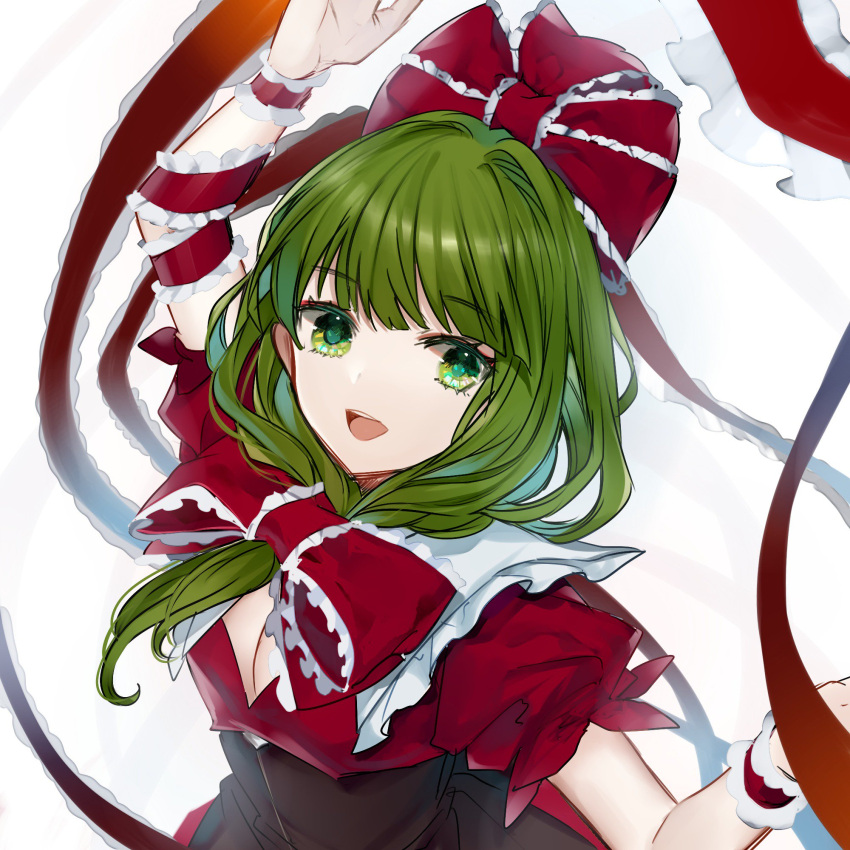 1girl :d arm_ribbon arm_up bangs black_skirt breasts cleavage commentary_request daimaou_ruaeru eyebrows_visible_through_hair eyelashes eyeshadow frilled_ribbon frills front_ponytail green_eyes green_hair hair_ribbon hand_up highres kagiyama_hina long_hair looking_at_viewer makeup open_mouth puffy_short_sleeves puffy_sleeves red_ribbon red_shirt ribbon shirt short_sleeves simple_background skirt smile solo touhou upper_body white_background wrist_cuffs