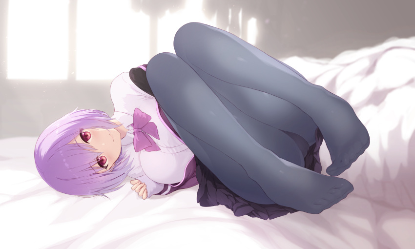 1girl absurdres ass bangs black_skirt blush bow breasts button_gap cait closed_mouth collared_shirt eyebrows_visible_through_hair highres jacket lavender_hair long_sleeves looking_at_viewer lying no_shoes off_shoulder on_side paid_reward panties panties_under_pantyhose pantyhose patreon_reward purple_bow purple_jacket purple_neckwear shinjou_akane shirt skirt sleeves_past_wrists smile solo ssss.gridman underwear white_cardigan white_shirt
