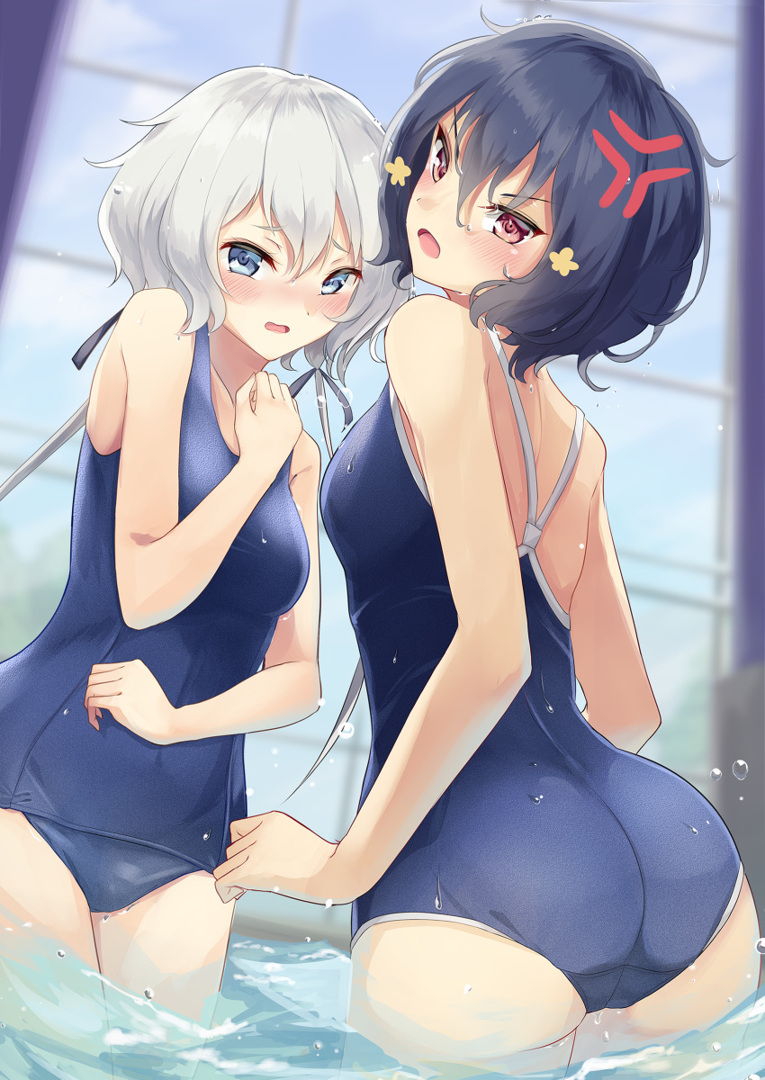 2girls absurdres anger_vein ass bangs bare_arms bare_shoulders black_hair blue_eyes blue_sky blue_swimsuit blurry blurry_background blush breasts commentary_request cowboy_shot day eyebrows_visible_through_hair from_behind grey_ribbon hair_between_eyes hair_ribbon hand_up head_tilt highres igakusei indoors konno_junko long_hair looking_at_viewer looking_back low_twintails medium_breasts mizuno_ai multiple_girls nose_blush one-piece_swimsuit open_mouth parted_lips red_eyes ribbon short_hair silver_hair sky standing swimsuit thighs twintails v-shaped_eyebrows wading water water_drop window zombie_land_saga