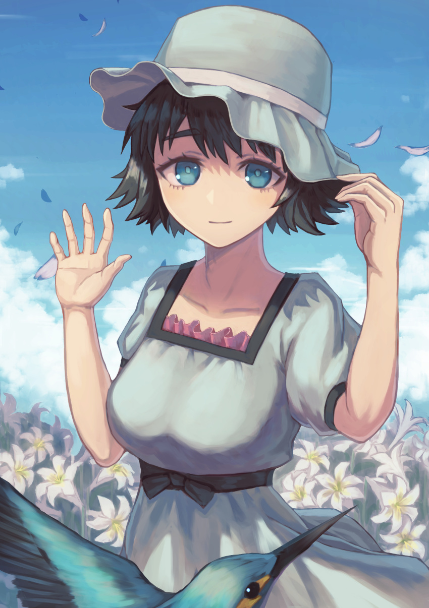 1girl absurdres animal bare_arms bird black_bow black_hair blue_eyes bow breasts clouds cloudy_sky collarbone commentary_request day dress eyebrows_visible_through_hair falling_leaves flower flying hand_on_headwear hat highres large_breasts leaf looking_at_viewer outdoors shiina_mayuri short_hair short_sleeves sky smile solo steins;gate white_dress white_flower yorishiem