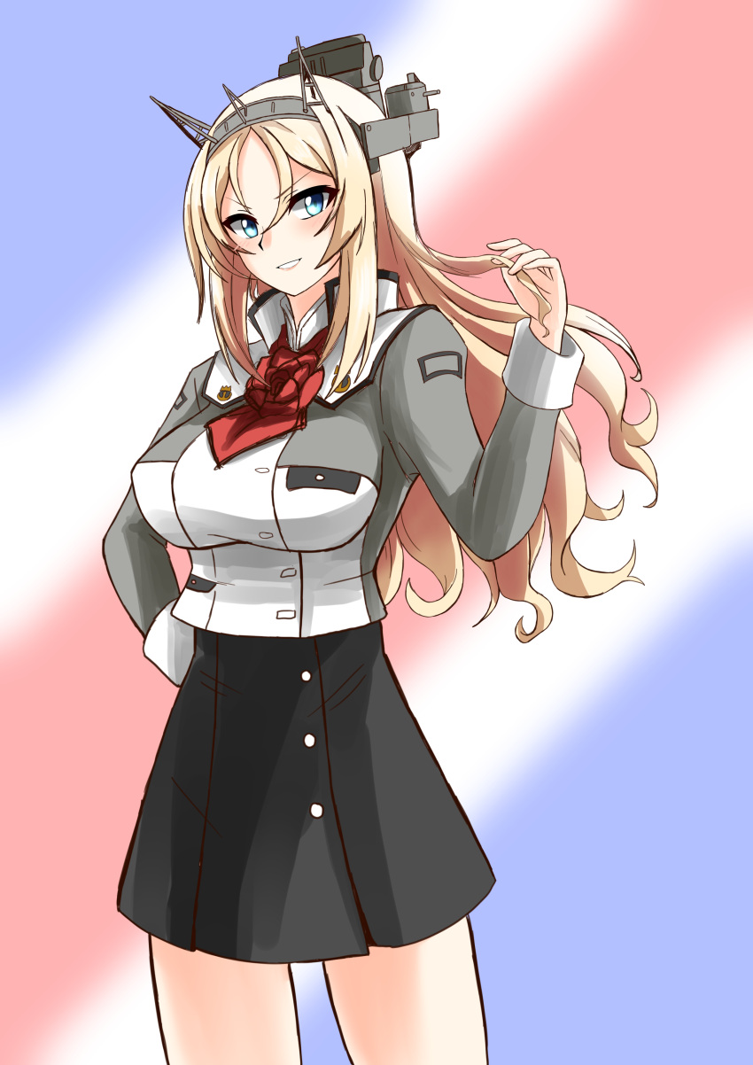 1girl absurdres blonde_hair blue_eyes blurry blurry_background breasts cowboy_shot flower grey_skirt headgear highres kantai_collection large_breasts long_hair long_sleeves looking_at_viewer military military_uniform nelson_(kantai_collection) parted_lips red_flower red_rose remodel_(kantai_collection) rose skirt solo standing striped striped_background suke_(share_koube) uniform