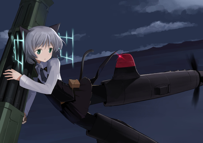 1girl animal_ears belt_pouch black_legwear black_neckwear cat_ears cat_tail clouds eyebrows_visible_through_hair green_eyes grey_hair highres hirschgeweih_antennas long_sleeves military military_uniform narotake necktie night parted_lips pouch rocket_launcher sanya_v_litvyak short_hair skirt sky solo strike_witches striker_unit tail uniform weapon world_witches_series