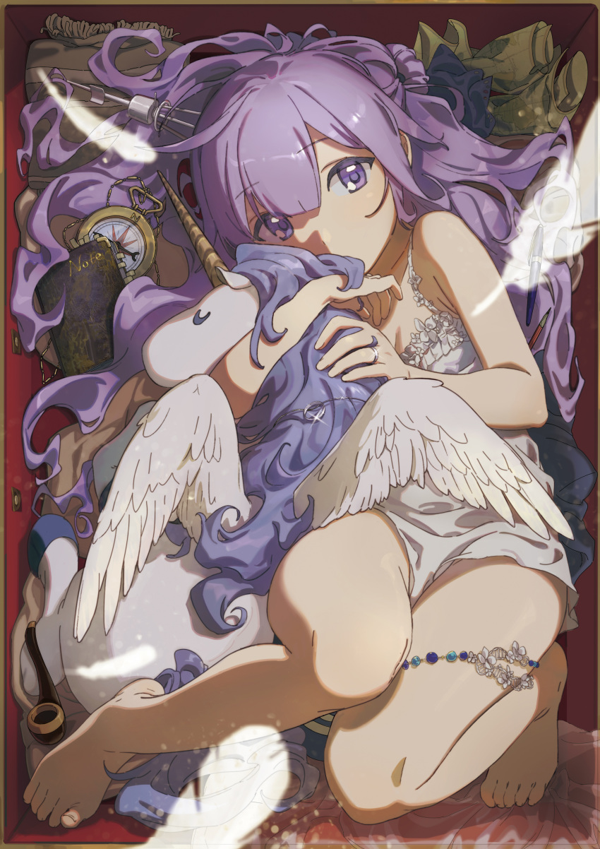 1girl absurdres alternate_costume azur_lane babydoll bangs blunt_bangs commentary_request eyebrows_visible_through_hair falling_feathers feathers full_body highres jewelry lei_li lingerie long_hair looking_at_viewer lying negligee on_back pillow purple_hair ring solo stuffed_alicorn underwear unicorn_(azur_lane) violet_eyes wedding_band wings
