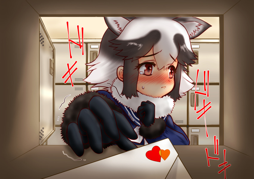 1girl absurdres animal_ears black_gloves black_hair blue_sailor_collar blue_serafuku blush brown_eyes commentary_request fur-trimmed_sleeves fur_collar fur_trim gloves hakumaiya hand_on_own_chest highres kemono_friends letter looking_to_the_side love_letter multicolored_hair neckerchief onomatopoeia outstretched_hand pursed_lips raccoon_ears sailor_collar school_uniform serafuku shoe_locker sidelocks solo standing sweatdrop tanuki_(kemono_friends) trembling two-tone_hair upper_body white_hair white_neckwear